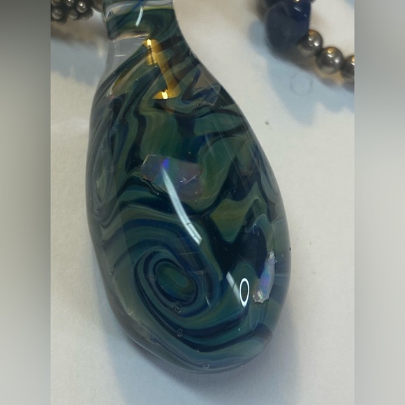 Blue and Silver Artisian Swirl Pendant Necklace with opals inlaid in glass - Picture 4 of 8